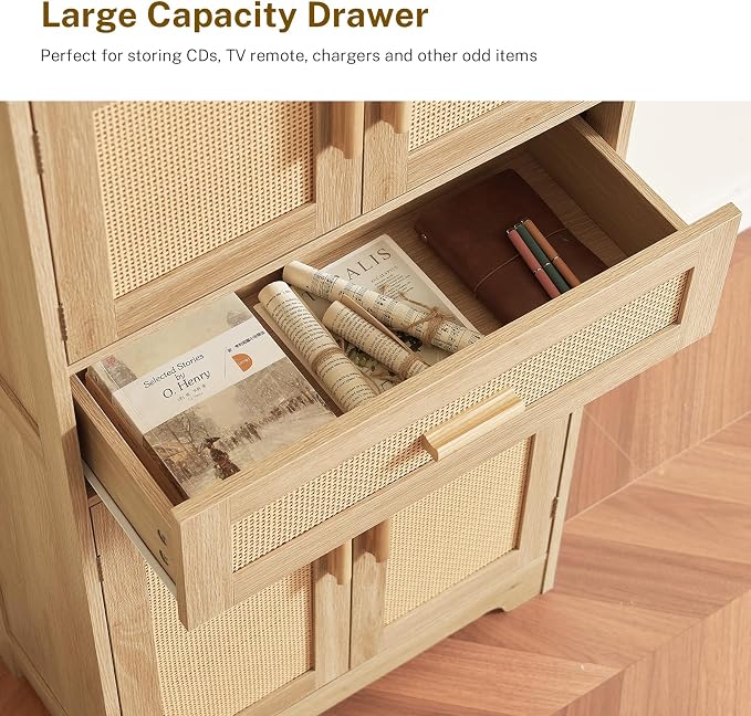TEENFON 47.2" H Tall Storage Cabinet with Adjustable Shelf, Rattan Cabinet, Cupboard for Living Room, Dining Room, Entryway, Home Office, Natural