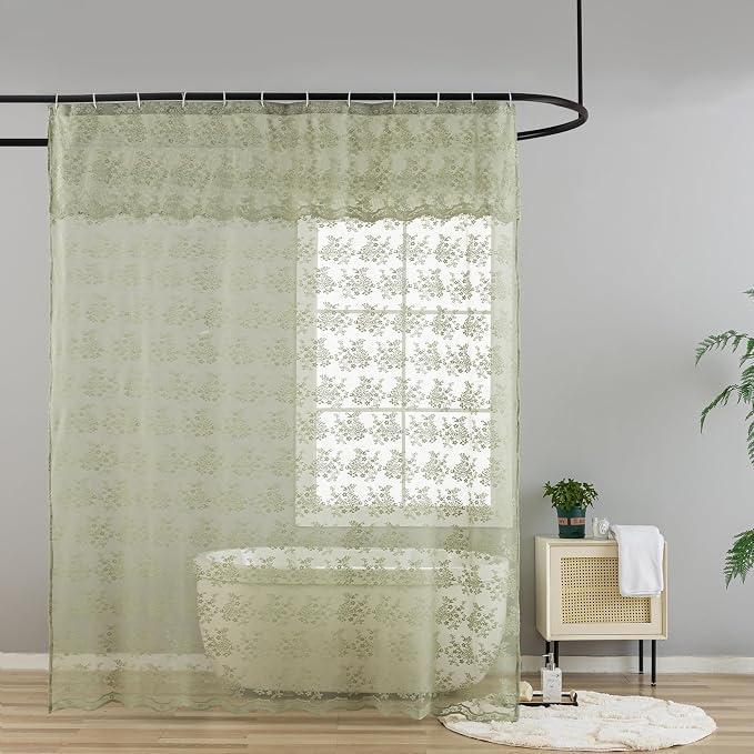 Sage Green Shower Curtain for Bathroom, 72x72, Lace with Attached Valance, | Green lace shower curtain, Sheer Floral Design, Scalloped Trim, Lets in Soft Light for Boho and Cottagecore Bathrooms