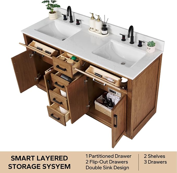 60-inch Dark Walnut Bathroom Vanity with 2 Sinks, Solid Wood, 0.79-inch Stone Countertop and Backsplash, 6 Drawers, 4 Soft Closing Doors