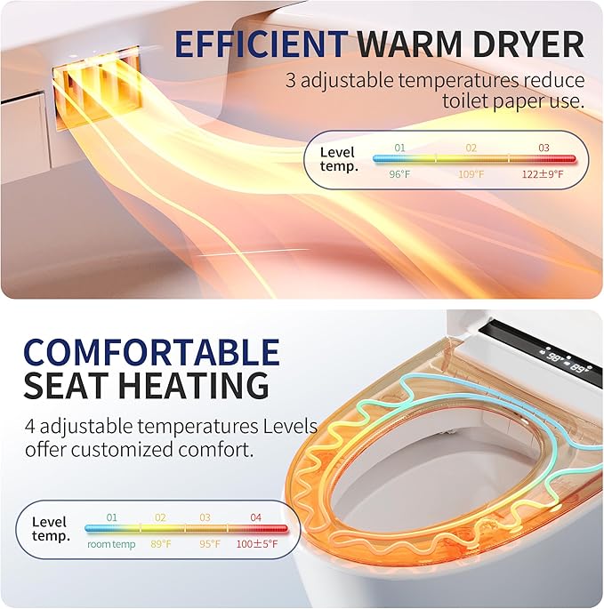 DeerValley Smart Toilet with Bidet Built in - Powerful Auto Flush, Auto Open/Close Lid, Heated Seat & Instant Warm Water Bidet, LED Display, Deodorization, 12" Rough-In, DV-1S0159-V3
