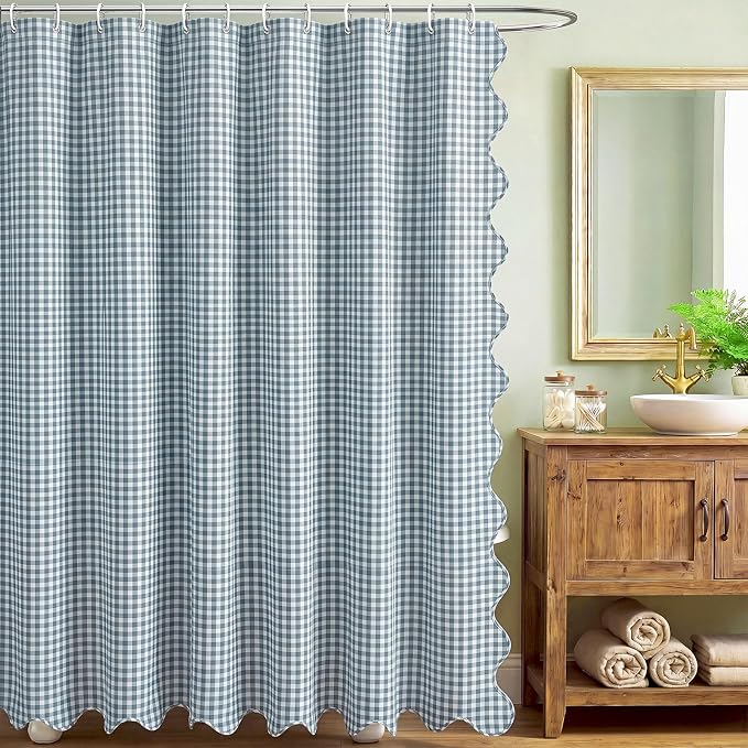 HunnmingRe Scalloped Gingham Shower Curtain Dust Blue | 72'' x 72'' Vintage Farmhouse Curtain, Cotton Cottage Core Rural Checkered Plaid Decor, Fall Shower Curtain for Bathroom
