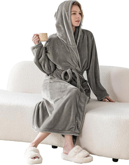 Robes for Women - Hooded Plush Fleece Bathrobe with Sash & Pockets, Full-Length Lightweight Spa Robe