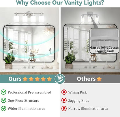 4 Light Bathroom Vanity Light, 23 In Brushed Nickel Vanity Light Fixture | Modern Anti-Rust Wall Sconce over Mirror with White Frosted Glass Shade, Bathroom, Hallway, 23 In, E26(Bulbs Not Included)