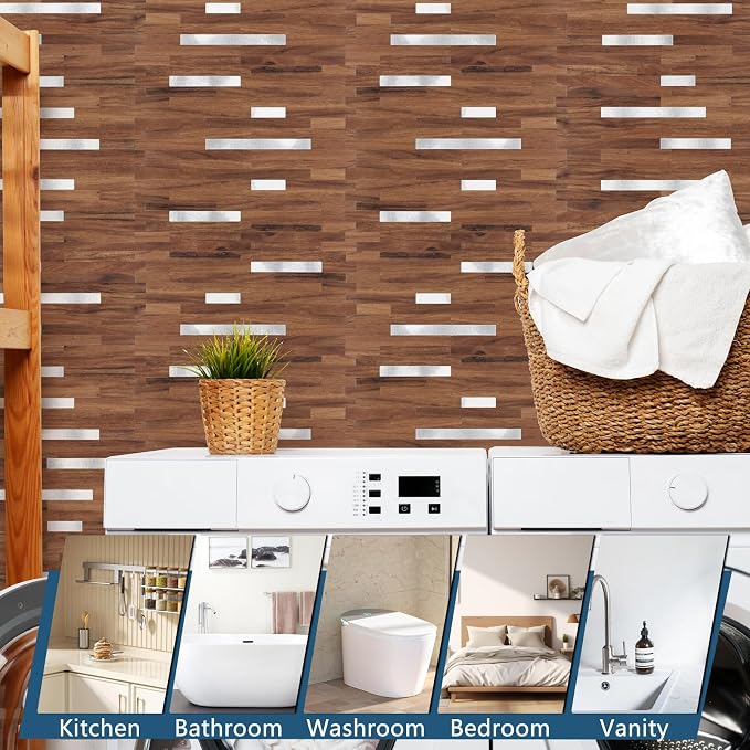 Yipscazo 2 Sheets PVC Wall Tiles Stick on Tiles for Backsplash Kitchen, Bathroom, Laundry Room, Camper, Fireplace (6'' X 12'', Brown Wood)