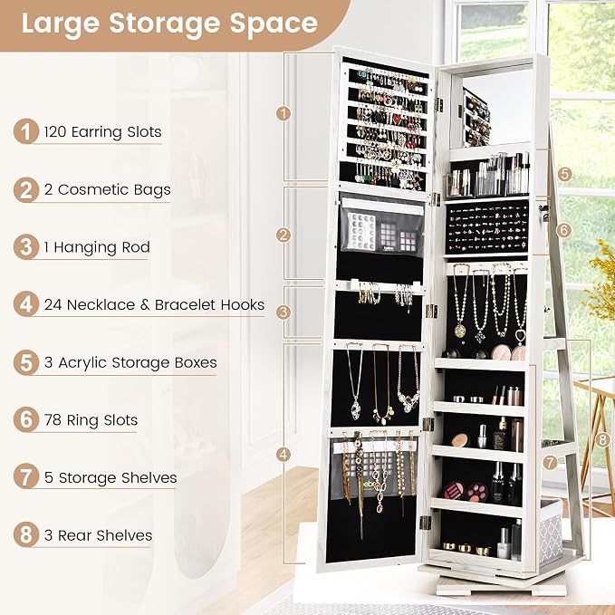 GOFLAME 360° Rotating Jewelry Armoire, Lockable Jewelry Cabinet with Full-Length Mirror & Inner Makeup Mirror, Standing Jewelry Storage Organizer with Rear Storage Shelves, White