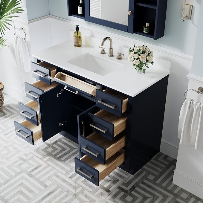 48-Inch Bathroom Vanity with Sink W/ 2 Doors & 8 Drawers & 1 Flip Drawer, Navy Blue Vanity W/Brushed Nickel Handles