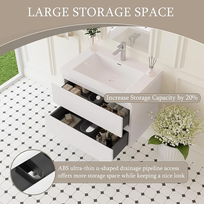 Floating Bathroom Vanity with Sink, 30" Wall-Mounted Bathroom Vanity | Resin Top Basin and Soft Close Drawers, No Assembly Required, Glossy White