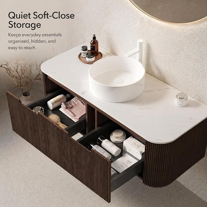 48 Inch Bathroom Vanity with Sink, Floating Wall Mounted Single Sink Vanity, Dark Walnut Curved Fluted Front, Stone Top, Pure White Round Vessel Basin, Pre-Assembled