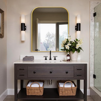 36"x30" Gold Metal Framed Bathroom Mirror for Over Sink | Rounded rectangle shape. Shatterproof HD glass, all mounting hardware for bathroom, bedroom, entryway.