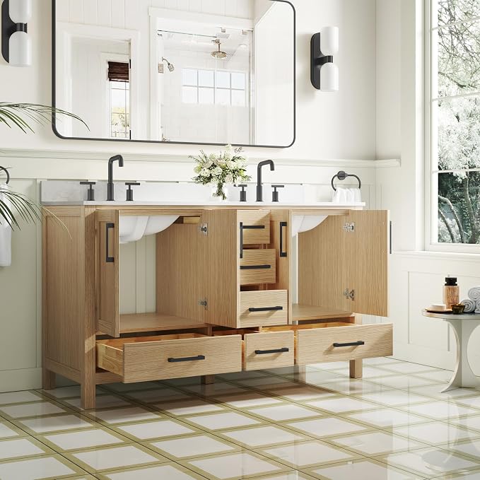 60-Inch Bathroom Vanity with Sink, 4 Soft-Close Doors and 6 Soft-Close Drawers, Bathroom Freestanding Vanity with Cultured Marble Countertop, Oak Vanity with Matte Black Handles