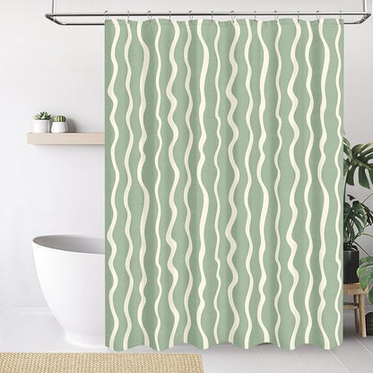 Tititex Cute Curvy Wavy Lines 140gsm Faux Linen Fabric Shower Curtain, Elegant Beige Sage Green Wave Striped Shower Curtain Sets Decoration 72x72 Inch with Hooks