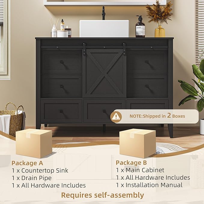 VNN Bathroom Vanity with Sink - 48 Inch Bathroom Vanity with Sink Ceramic, Freestanding Cabinet with Farmhouse Sliding Barn Door and 7 Drawers, Space-Saving Storage Cabinet, Wood Grain Texture, Black