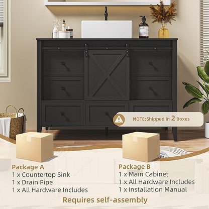 VNN Bathroom Vanity with Sink - 48 Inch Bathroom Vanity with Sink Ceramic, Freestanding Cabinet with Farmhouse Sliding Barn Door and 7 Drawers, Space-Saving Storage Cabinet, Wood Grain Texture, Black