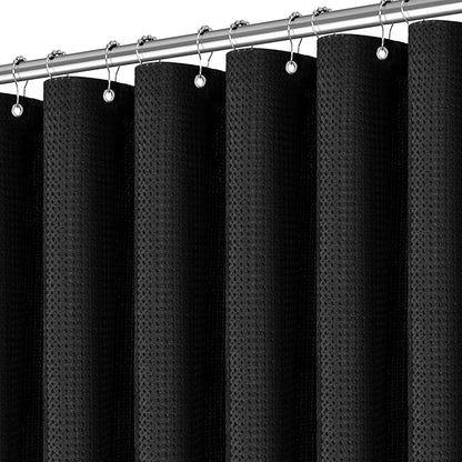 Shower Curtain Black Waffle Textured, 256GSM Heavy Duty Weighted Fabric Shower Curtains, Hotel Quality Luxury Polyester Water Repellent Bathroom Curtain with 12 Hooks, 72Wx78H