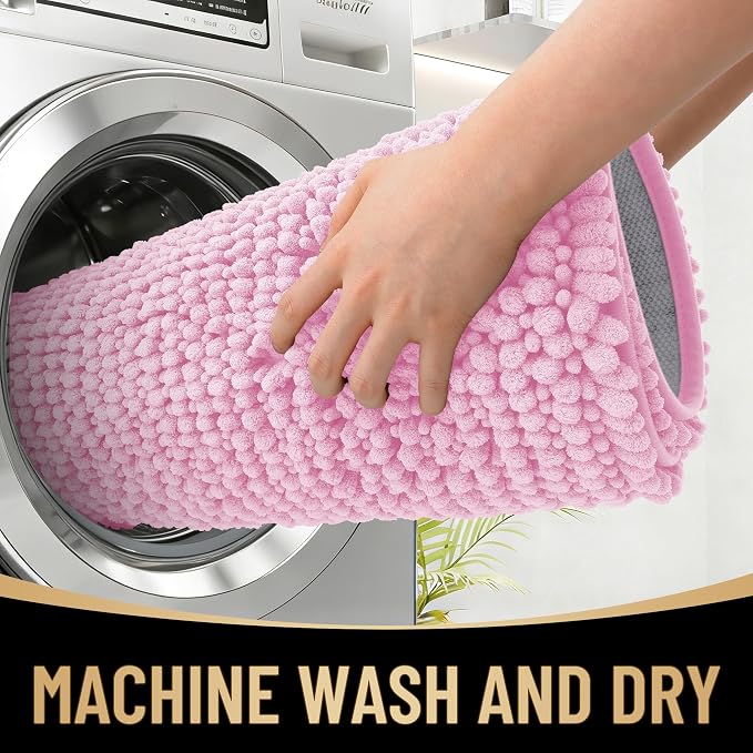 OLANLY Thick Chenille Bathroom Runner Rugs 44x24, Absorbent Bath Mat, Pink | Soft Bath Rugs, Rubber Backing, Machine Wash Dry, Bath Mats for Bathroom, Tub and Shower, Home Decor Accessories