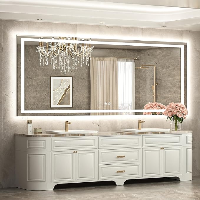 TETOTE 84 x 36 LED Bathroom Mirror with Lights, Brighter Front and Backlit Led Lighted Vanity Mirror Wall Mounted, 3-Color Dimmable Light up Anti Fog Mirror, Waterproof, Shatterproof Tempered Glass