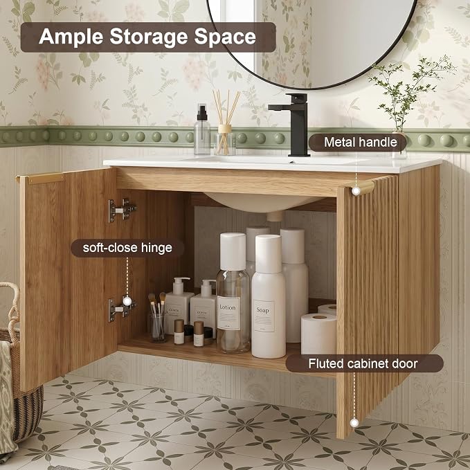72 Inch Floating Bathroom Vanity with Double Sink, Bathroom Double Sink Cabinet with Soft Close Door Waterproof Storage, Wood Color(wt)