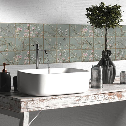 Alwayspon Vinyl Sticker Peel and Stick, Self-Adhesive Wall Tile Transfers Backsplash Sticker Decal for Kitchen Bathroom, 6x6inch/15x15cm 30Pcs, Green Floral T042
