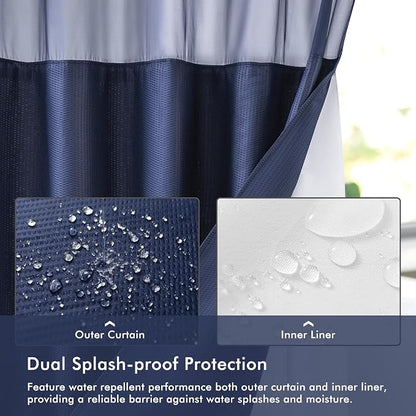 No Hook Navy Shower Curtain with Snap-in Fabric Liner 71x74 | Embossed Waffle-Look Textured, Sheer Window, Soft & Lightweight, Water Repellent Blue Fabric Shower Curtain for Bathroom