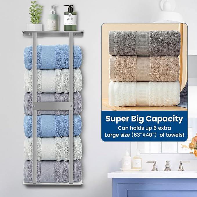Bathroom Towel Storage Rack, Wall Mounted Bathroom Towel Rack | 30 inch Heavy Duty 6 Large Towels, Wall Mounted Towel Rack for Rolled Towels, Silver