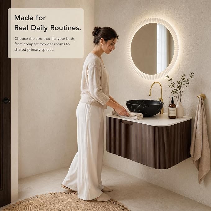 30 Inch Bathroom Vanity with Sink, Floating Wall Mounted Single Sink Vanity, Dark Walnut Curved Fluted Front, Stone Top, Black Marble Vessel Basin, Pre-Assembled