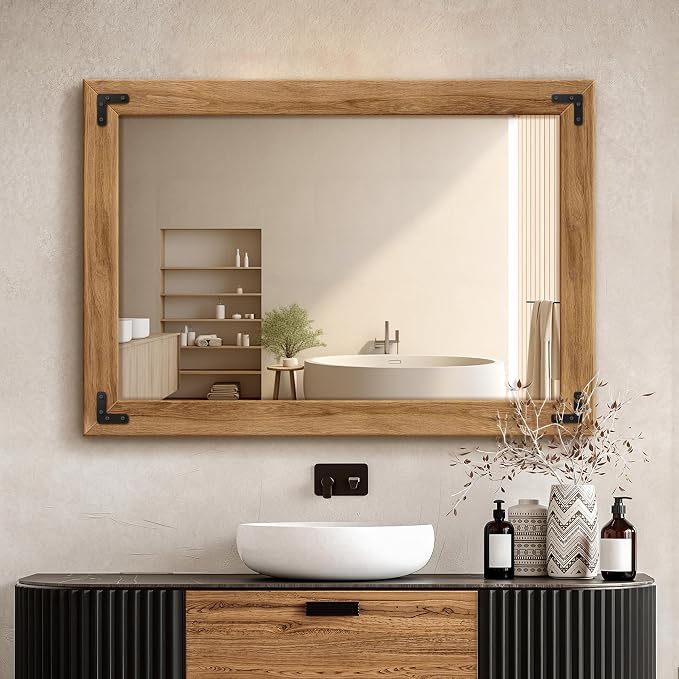 Wood Framed Bathroom Vanity Mirror for Wall, 26"x38" Farmhouse Mirror | Solid Wood Frame, HD Shatterproof Glass, Vertical/Horizontal Hanging, Ideal for Bathroom, Living Room, Bedroom