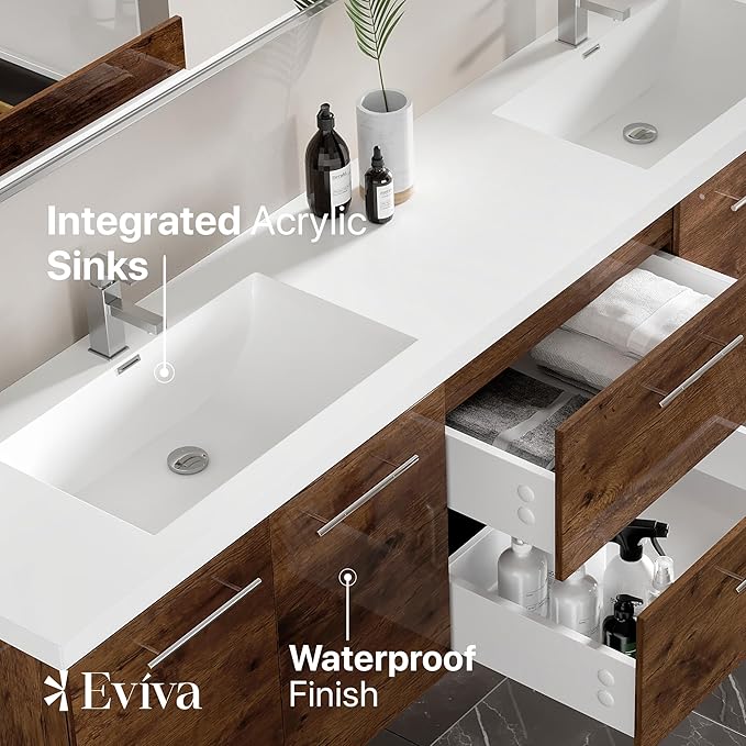 Eviva Lumina 84 in. Rosewood Wall Mount Double Sink Bath Vanity with Acrylic Top and Integrated Sinks