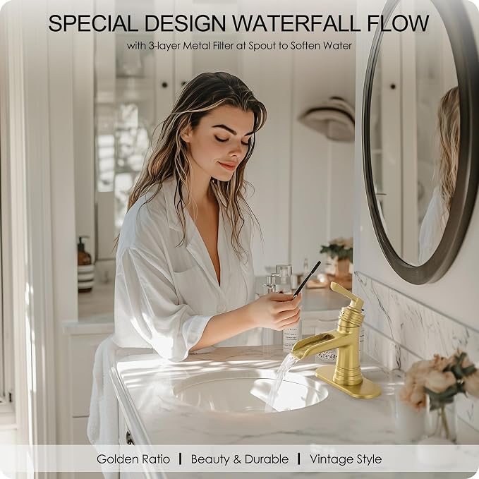 Brushed Gold Bathroom Faucets One Hole, Brass Waterfall Bathroom Sink Faucet 3 Hole 4 Inch With Pop-up Drain, Deck Plate, Pre-Installed cUPC Hose for Farmhouse, Lavatory, 5 Mins Quick Install