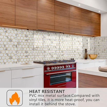 STICKGOO Hexagon Peel and Stick Backsplash Tile, Stick on Backsplash for Kitchen and Bathroom, Glossy Carrara White PVC Mixed Metal Gold Self Adhesive Wall Tiles(10 Sheets, Seamless)