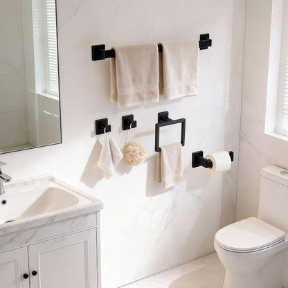 5 Piece Bathroom Hardware Set Matte Black, 23.6 Inch Bathroom Towel Bar Set | Stainless Steel Towel Racks for Bathroom Wall Mounted, with 304 Stainless Steel Screws & Hex Screwdriver, Rustproof