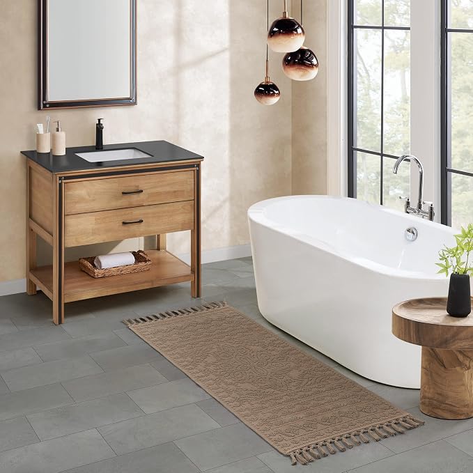 French Connection Nellore Bathroom Rugs, Woven and Beaded Bathroom Mats, Durable Bath Rugs, Thick Bath Mats for Bathroom and Shower Rugs, 24" x 64", Light Brown