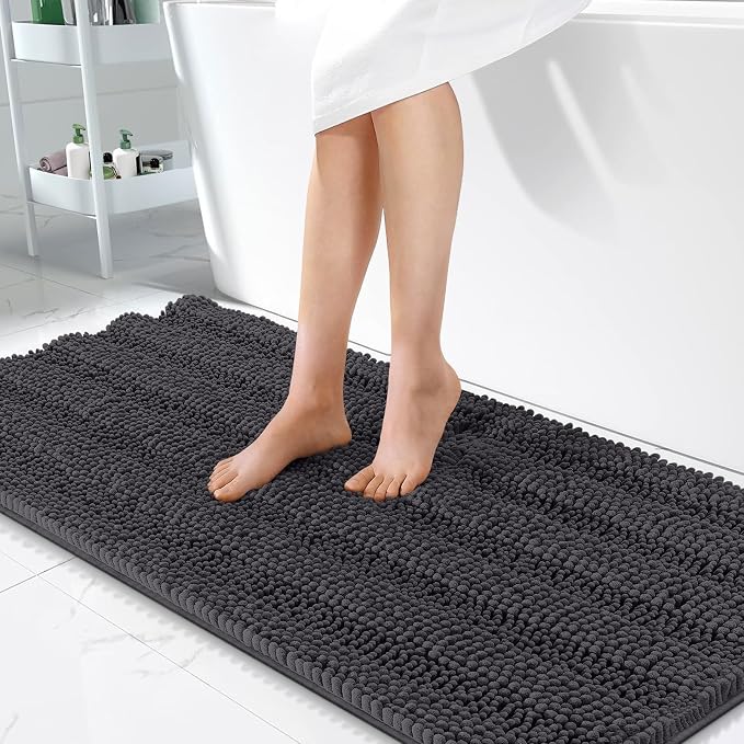 OLANLY Thick Bathroom Runner Rugs 47x24, Soft Chenille Bath Rugs, Dark Grey | Absorbent Striped, Rubber Backing, Machine Wash, Long Bath Mats for Bathroom Floor, Tub and Shower, Home Decor Accessories