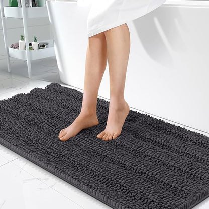 OLANLY Thick Bathroom Runner Rugs 47x24, Soft Chenille Bath Rugs, Dark Grey | Absorbent Striped, Rubber Backing, Machine Wash, Long Bath Mats for Bathroom Floor, Tub and Shower, Home Decor Accessories