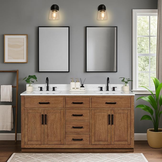 66-inch Dark Walnut Bathroom Vanity with 2 Sinks, Solid Wood, 0.79-inch Stone Countertop and Backsplash, 6 Drawers, 4 Soft Closing Doors