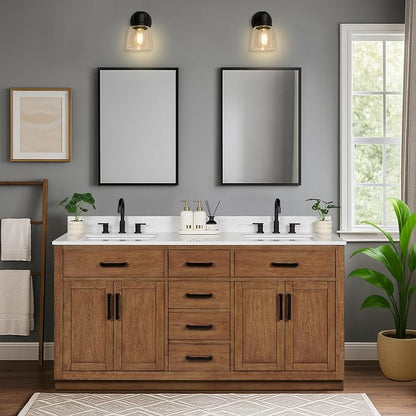 66-inch Dark Walnut Bathroom Vanity with 2 Sinks, Solid Wood, 0.79-inch Stone Countertop and Backsplash, 6 Drawers, 4 Soft Closing Doors