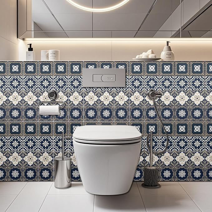 36 Pcs 4 Styles Retro Mosaic Patten Tile Sticker Blue Patten Wall Tile Stickers Waterproof Self Adhesive Stick on Decals for Kitchen Bathroom Wall Art 4×4 Inch