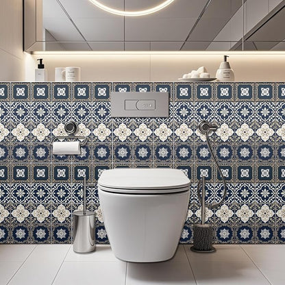 36 Pcs 4 Styles Retro Mosaic Patten Tile Sticker Blue Patten Wall Tile Stickers Waterproof Self Adhesive Stick on Decals for Kitchen Bathroom Wall Art 4×4 Inch