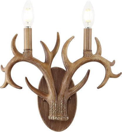 JONATHAN Y 13.25" Brown Wood Finish Faux Antler LED Vanity Light Set of 2, Rustic Wall Sconces for Bathroom Mirror Hallway, Southwestern Farmhouse Decor, LED Bulbs Included (JYL6308A)