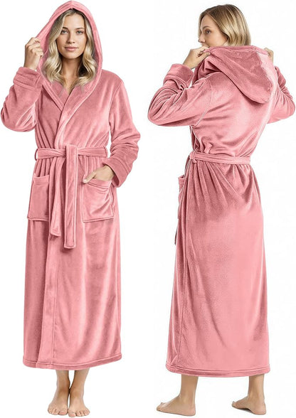 NY Threads Women's Fleece Hooded Bathrobe Plush Long Spa Robe, Medium