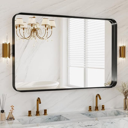 48X30 Inch Black Metal Framed Bathroom Mirror for Wall, Matte Framed Rounded Rectangular Modern Mirrors for Over Sink, Anti-Rust, HD Tempered Glass, Farmhouse, Hangs Horizontally or Vertically