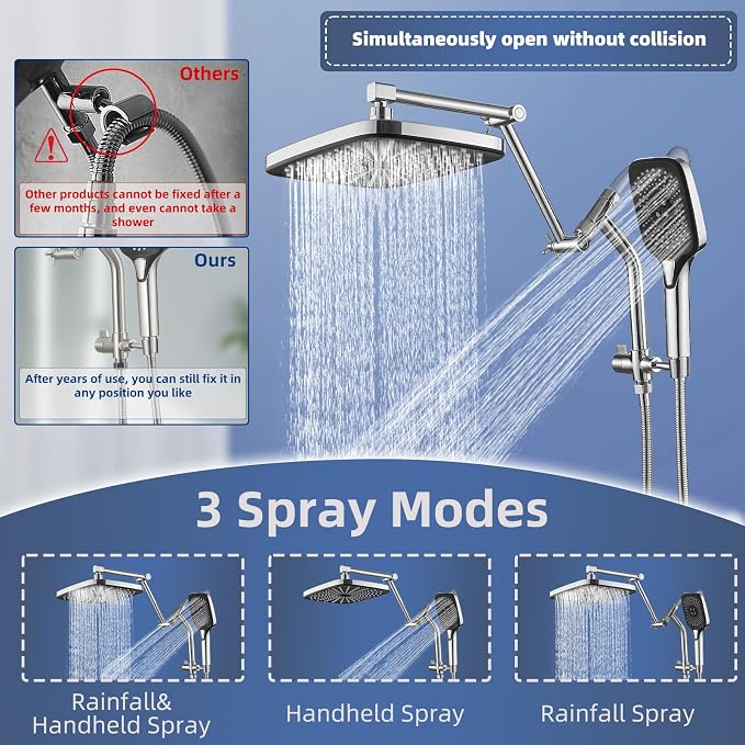 12" High Pressure Rain/Rainfall Shower Heads With Handheld Spray Combo (3+1 Settings & Built-in Power Wash Mode), Double/Dual Shower Head With Handheld - Height/Angle Adjustable(Polished Chrome)