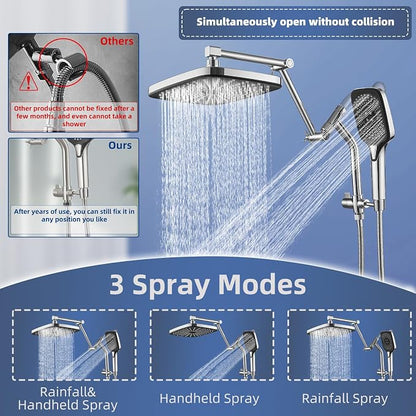 12" High Pressure Rain/Rainfall Shower Heads With Handheld Spray Combo (3+1 Settings & Built-in Power Wash Mode), Double/Dual Shower Head With Handheld - Height/Angle Adjustable(Polished Chrome)