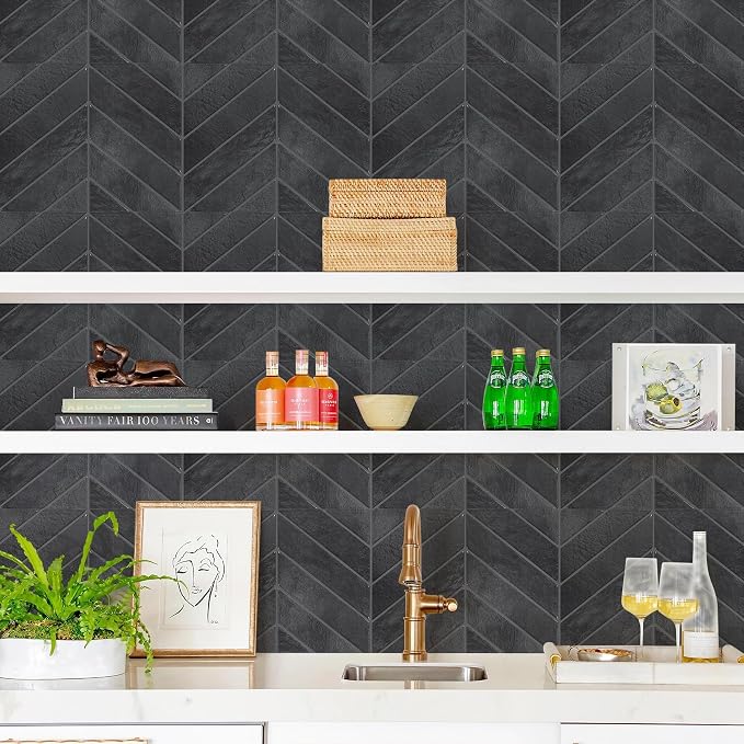 STICKGOO Herringbone Peel and Stick Backsplash, Black/Grey Grout, 10 Sheets | 12.6 x 9.7 in, Thicker Rectangular Vinyl Stick-On Wall Tiles, Easy Alignment, Waterproof, Easy to Clean, Kitchen/Bathroom