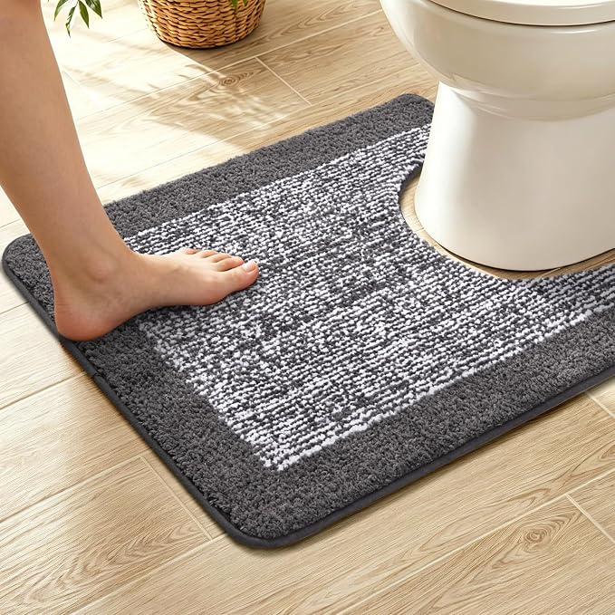 Toilet Rugs U-Shaped 24x19, Non-Slip Plush Shaggy Quick Dry Bathroom Contour Rugs, Extra Soft Absorbent Chenille Washable Bath Mat for Toilet Base, Grey