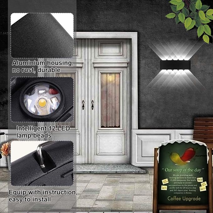 Kawell 10W Waterproof Modern Wall Sconces LED Wall Light Up Down Aluminum Wall Lamp LED Indoor Outdoor for Bedroom Living Room Bathroom Porch Stairs Hotels Garden Pathway, Black 6000K