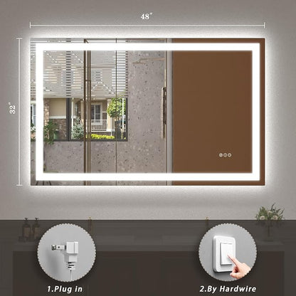 48x32 LED Lighted Bathroom Mirror for Vanity Wall | Front Light and Backlit, Anti-Fog, Memory, 3 Color, Tempered Glass, Dimmable, Rectangular, UL, Horizontal/ Vertical Mounted