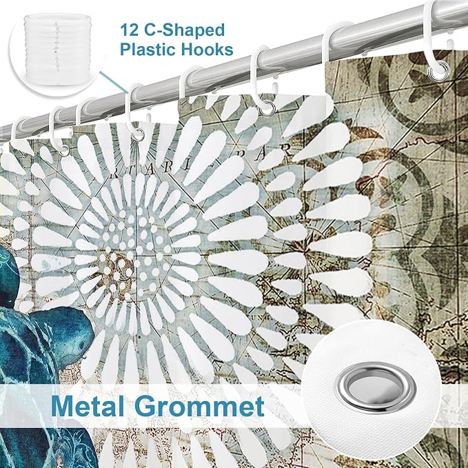 Nautical Green Sea Turtles Beach Theme Fabric Shower Curtain Sets Bathroom Blue Ocean Decor with Grommets and Hooks - 72 x 72 Inch Teal