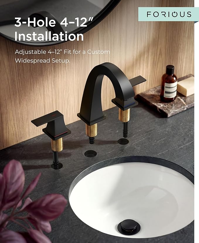 FORIOUS Bathroom Sink Faucet 3 Hole, Matte Black Bathroom Faucets for Vanity with Pop-up Drain and Supply Lines, Lead-Free 8 Inch Widespread Faucet for 3 Hole Sink