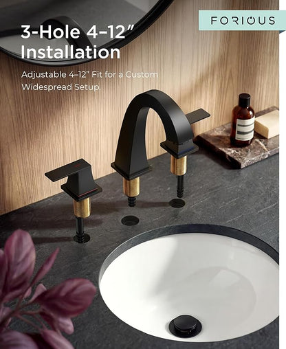 FORIOUS Bathroom Sink Faucet 3 Hole, Matte Black Bathroom Faucets for Vanity with Pop-up Drain and Supply Lines, Lead-Free 8 Inch Widespread Faucet for 3 Hole Sink