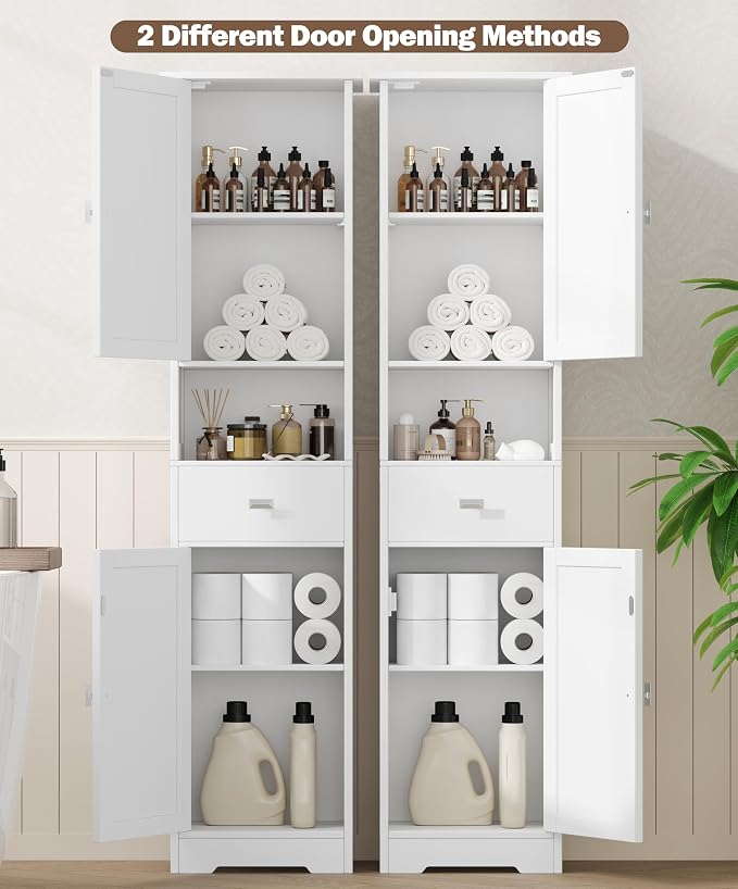 Akxomel 67" H Narrow Tall Bathroom Cabinet with 2 Doors and Storage Drawer | Floor Cabinet with Adjustable Shelves, Anti-Tip Design, 11.0 x 12.6 x 66.9 Inches, for Bathroom, Kitchen，Entryway, White